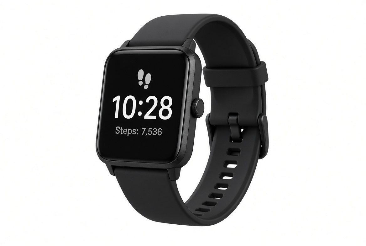 Black square-face fitness watch showing time and steps. Illustrative product photograph.