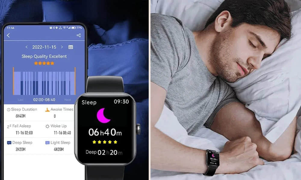 Sleep-tracking screens on a watch and phone. Seller lifestyle image.
